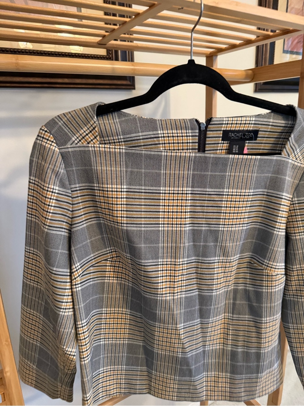 Rachel Zoe Plaid Long-Sleeve Boatneck Dress in Gray and Tan